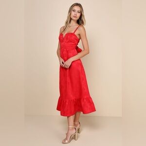 LULU’S MAJOR PERFECTION FLORAL JACQUARD MIDI DRESS WITH POCKETS